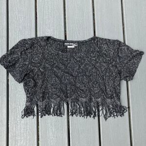 Vintage 80s 90s black sparkly crochet fringe crop top, night out party